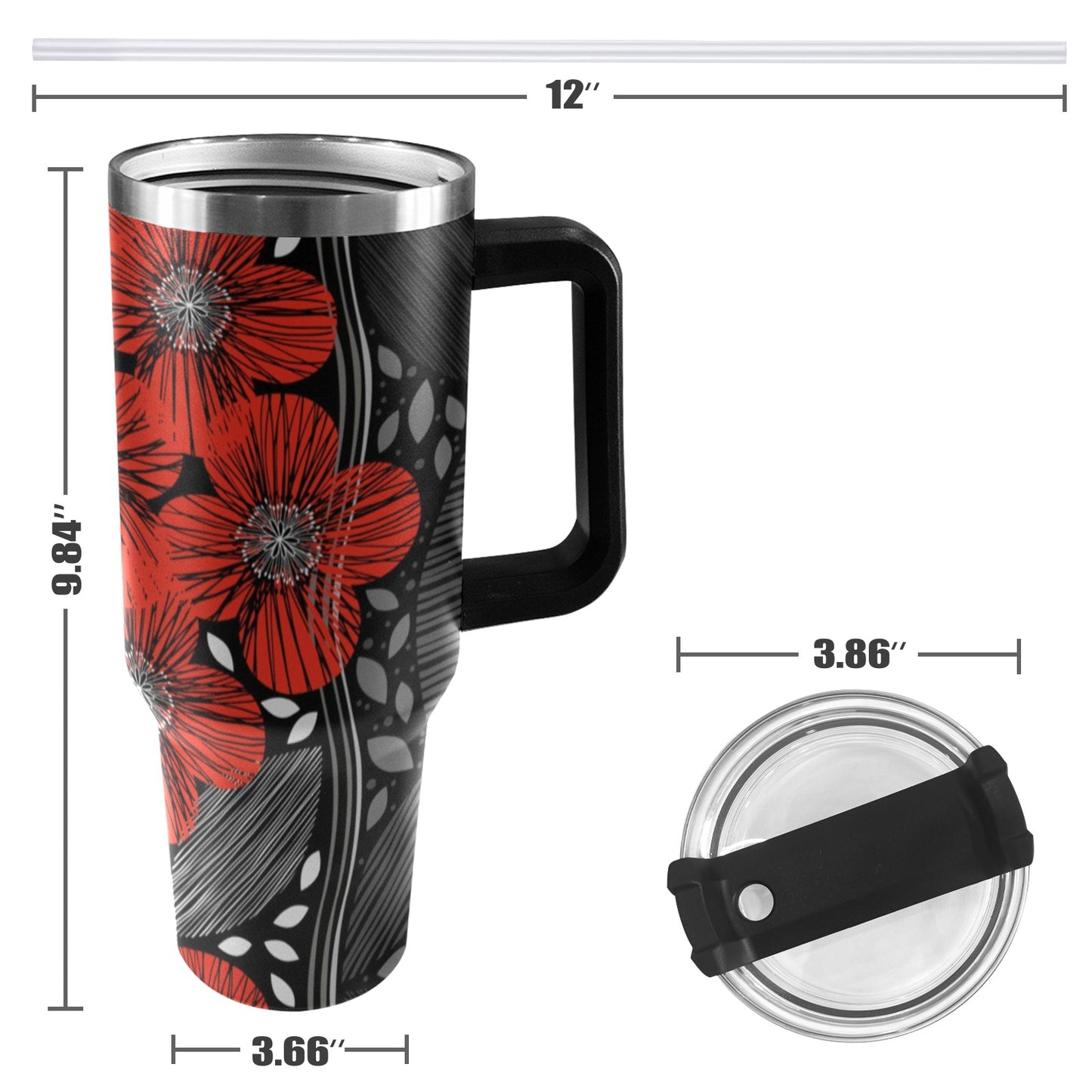 Red Poppies 40oz Tumbler with Black Handle