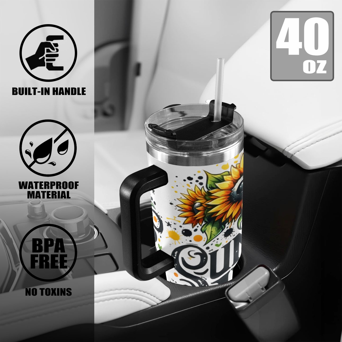 Sunflower Junkie 40oz Tumbler with Black Handle