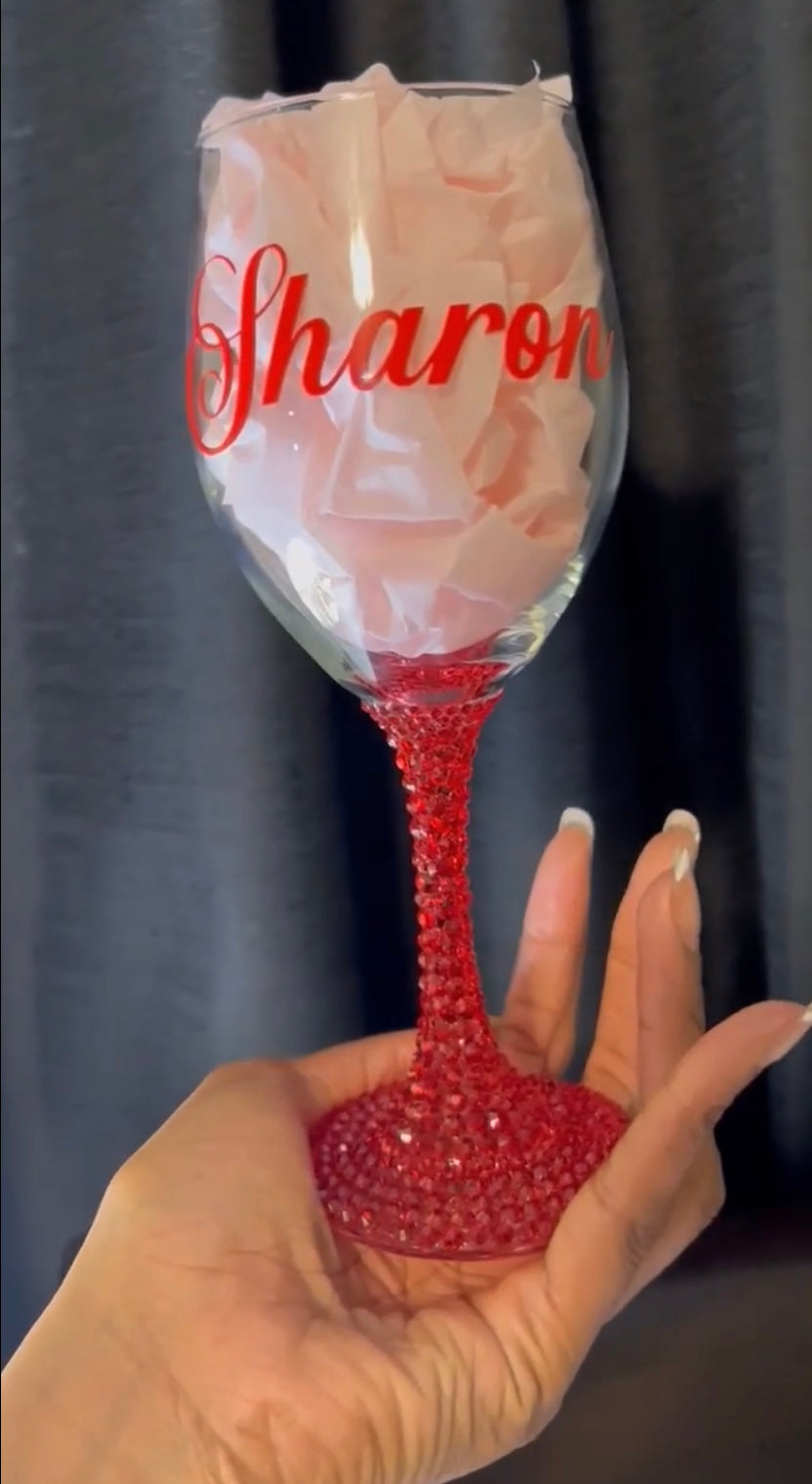 Red Rhinestone Bling Stem Wine Glass