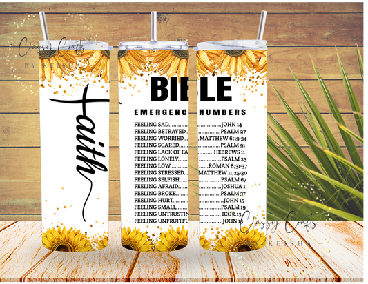 Yellow Sunflower Bible Emergency Numbers 20oz Tumbler