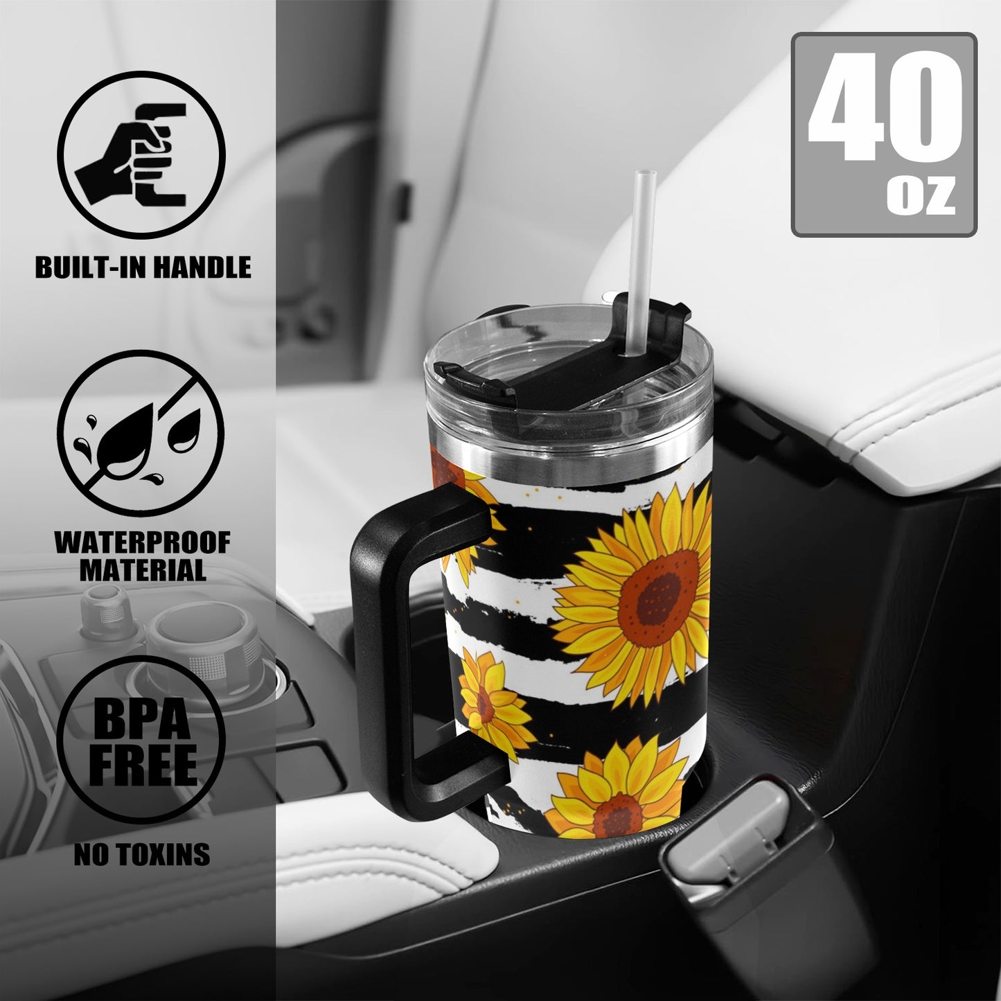 Sunflowers on Strips 40oz Tumbler with Black Handle