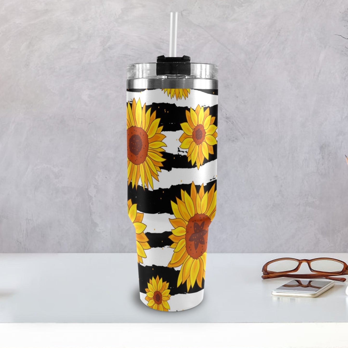 Sunflowers on Strips 40oz Tumbler with Black Handle